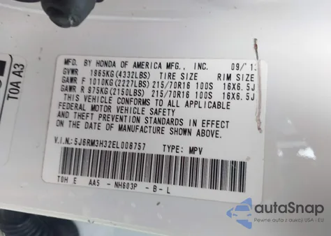 2014 Honda Cr-V Lx z USA, uszkodzony, nr VIN 5J6RM3H32EL008757